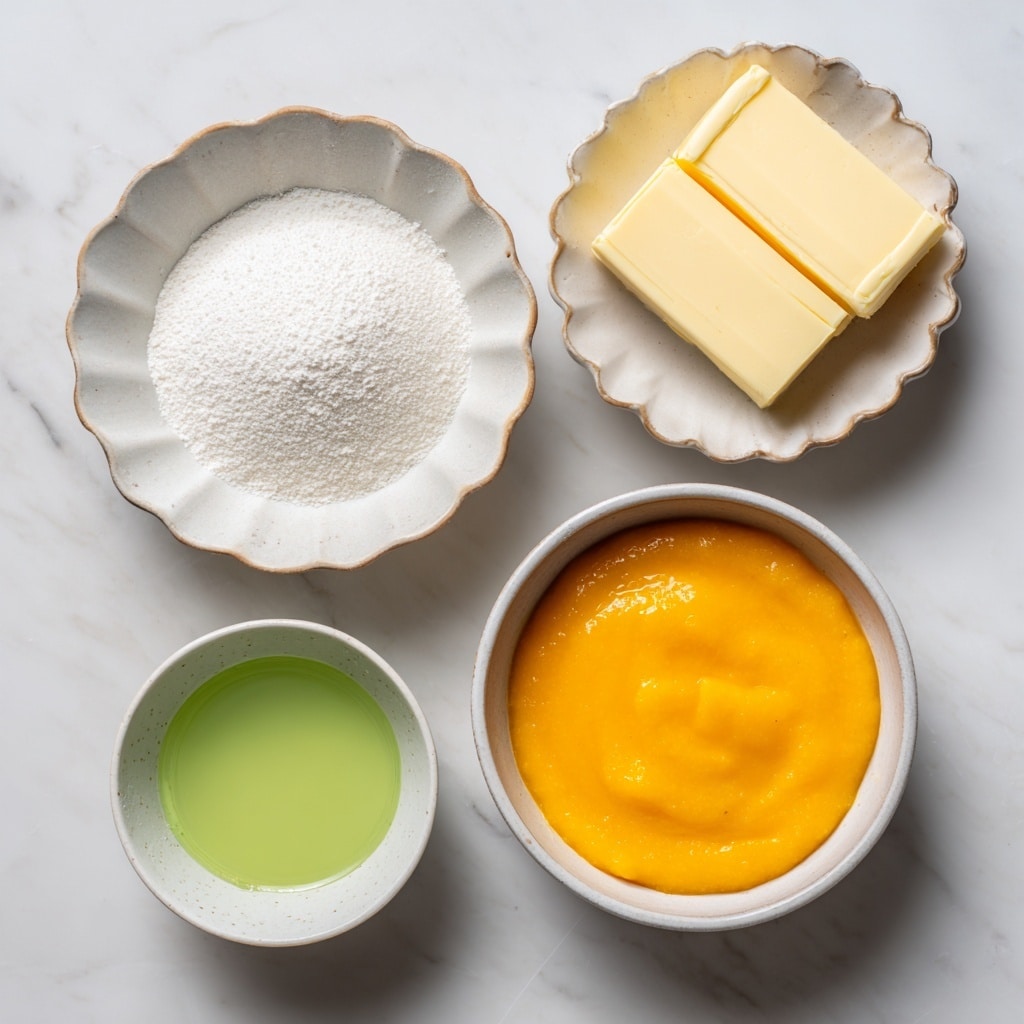 The image shows five small white bowls arranged on a white marbled surface. The top center bowl contains two pale yellow rectangles of vegan butter with a smooth texture. To the right, a larger white bowl is filled with bright orange mango pulp, appearing smooth and thick. Below the mango pulp, a small white bowl holds light green lime juice with a liquid texture. On the left side, a bowl with white, fine granulated sugar fills it fully, and above it, another bowl contains white, fluffy cornstarch powder. Each bowl is labeled clearly with bold black text. photo taken with an iphone --ar 4:5 --v 7