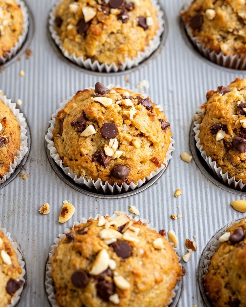 The image shows a metal muffin tray holding six muffins baked in paper liners. Each muffin is golden brown with a bumpy, rough texture, dotted with small dark chocolate chips and chopped light brown walnuts scattered on top. The muffins look soft and slightly cracked on the surface. Some walnut pieces have spilled onto the tray around the muffins. The tray lies on a white marbled surface. photo taken with an iphone --ar 4:5 --v 7