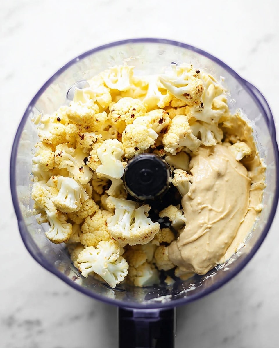 This image shows the inside of a blender filled with broken pieces of roasted cauliflower. The cauliflower pieces are light golden with some brown spots, sitting in a creamy beige sauce that covers part of the cauliflower. The texture looks soft, and the pieces are uneven in size, piled around the black blade in the center. The blender container is clear, and the background is a white marbled texture. photo taken with an iphone --ar 4:5 --v 7