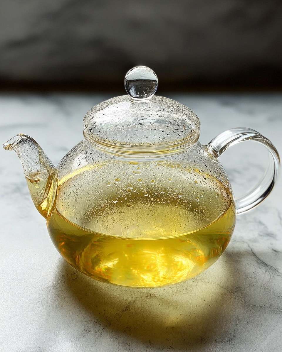 A clear glass teapot with a round body and a dome-shaped lid is shown, filled about one third with light yellow tea. The surface of the teapot is covered with small droplets of condensation, and the handle and spout are also made of clear glass. The teapot sits on a white marbled surface with a plain light background. photo taken with an iphone --ar 4:5 --v 7
