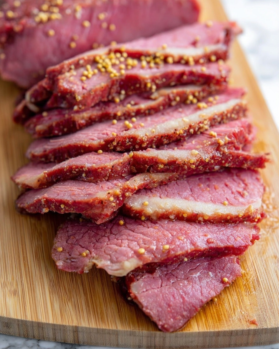 A close-up view of several slices of pink cooked meat arranged on a wooden cutting board. The slices are uneven in thickness, showing layers of tender, moist texture with a light brown crust on the edges. Small yellow mustard seeds are scattered on top, adding a speckled detail to the meat surface. The background is a white marbled texture. Photo taken with an iphone --ar 4:5 --v 7