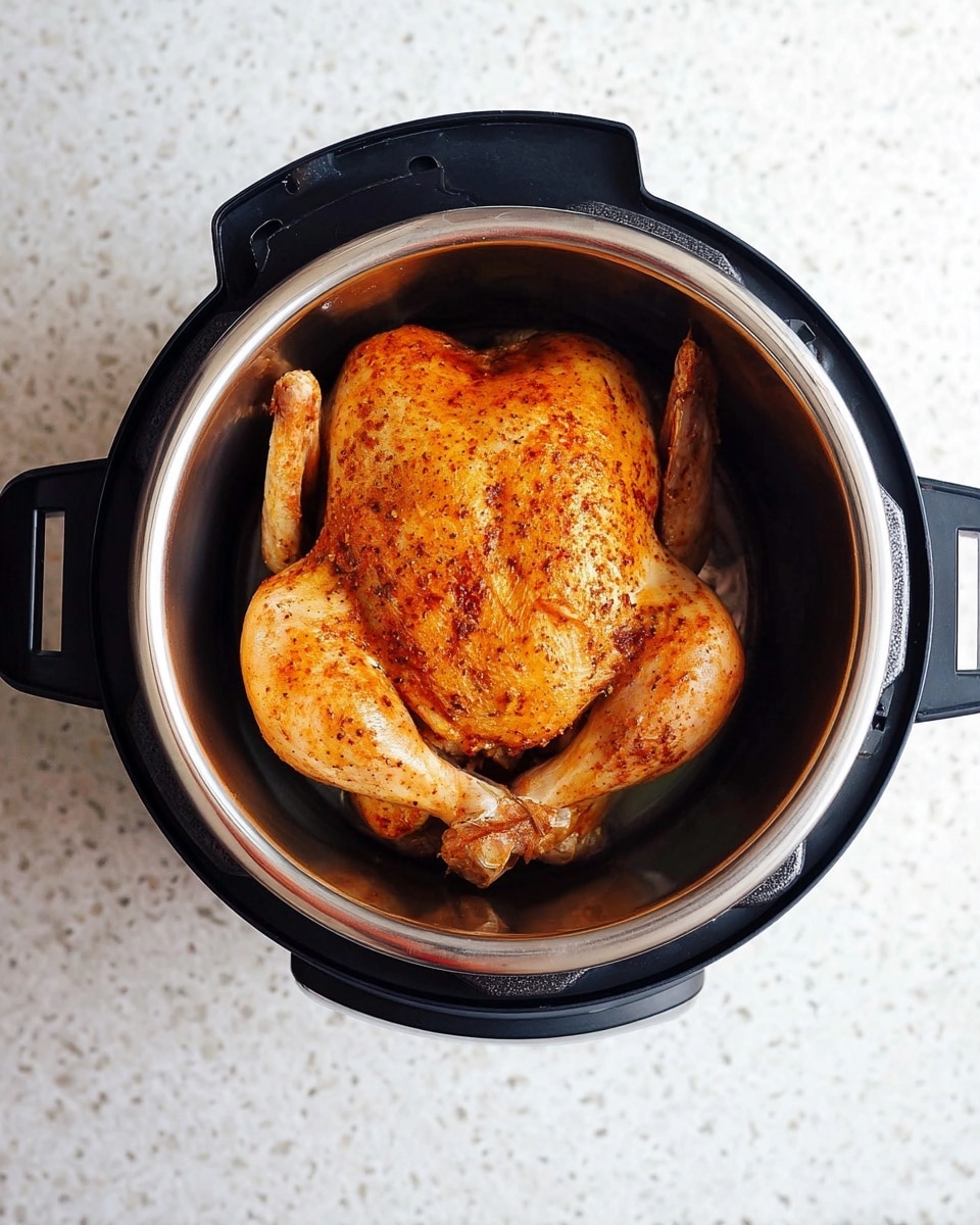 A whole chicken with a golden orange color, seasoned with spices, lies inside a stainless steel pot of an electric cooker. The chicken is positioned flat on its back with its legs tucked in, showing a slightly crispy texture on the skin. The pot has black handles on both sides and sits on a white marbled textured surface. photo taken with an iphone --ar 4:5 --v 7