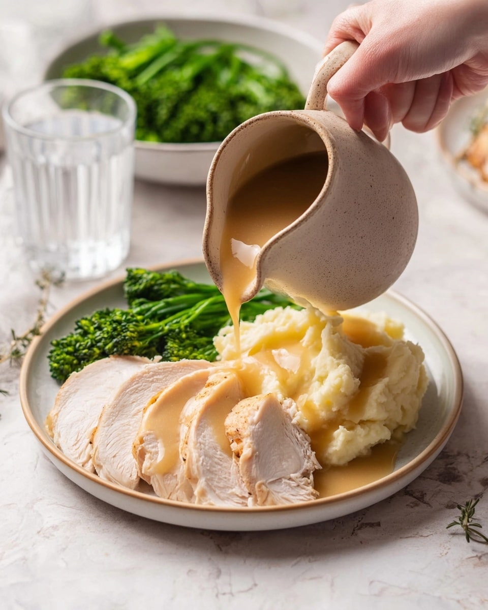 A white plate on a white marbled surface holds three layers of food: the bottom layer is sliced light brown cooked turkey arranged in the center, the middle layer is bright green steamed broccolini placed behind the turkey, and the right side has a pile of creamy off-white mashed potatoes with a smooth texture. A beige ceramic jug is held by a woman's hand, pouring light brown smooth gravy over the turkey slices. In the background, there is a bowl with more green broccolini and a clear glass of water. The scene is softly lit, showing clear colors and textures. photo taken with an iphone --ar 4:5 --v 7