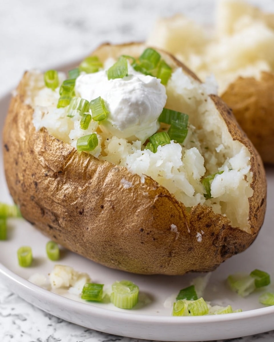 A baked potato is split open on a white plate, showing its soft, light yellow inside. The potato skin is golden brown and rough-textured, holding the fluffy potato layers. On top of the potato, there is a dollop of white sour cream with some bright green chopped spring onions scattered over the potato and cream. A few spring onion pieces also lie on the white marbled surface around the plate. The photo taken with an iphone --ar 4:5 --v 7