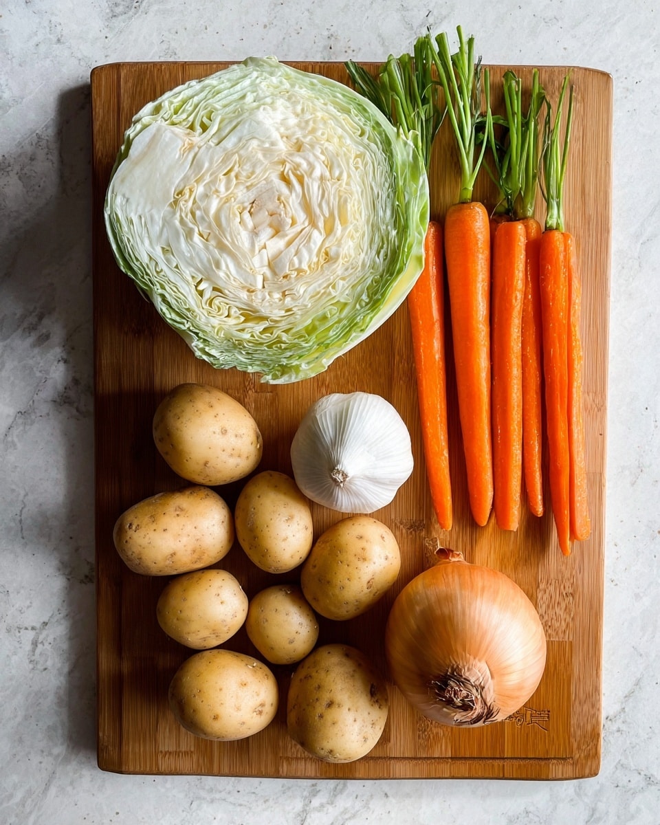 The image shows a clean white marbled surface with fresh vegetables and ingredients arranged neatly. On the left, there are four peeled orange carrots laying side by side in a vertical line. Towards the top center, a small round wooden bowl is filled with bright green peas. Below it, another small round wooden bowl contains pale yellow corn kernels. To the right of the corn, two halves of a white onion are placed cut side up, showing smooth layered rings. Above the onion, three peeled garlic cloves rest close together. To the far right, three celery stalks stand upright, showing their light green color and ribbed texture. photo taken with an iphone --ar 4:5 --v 7