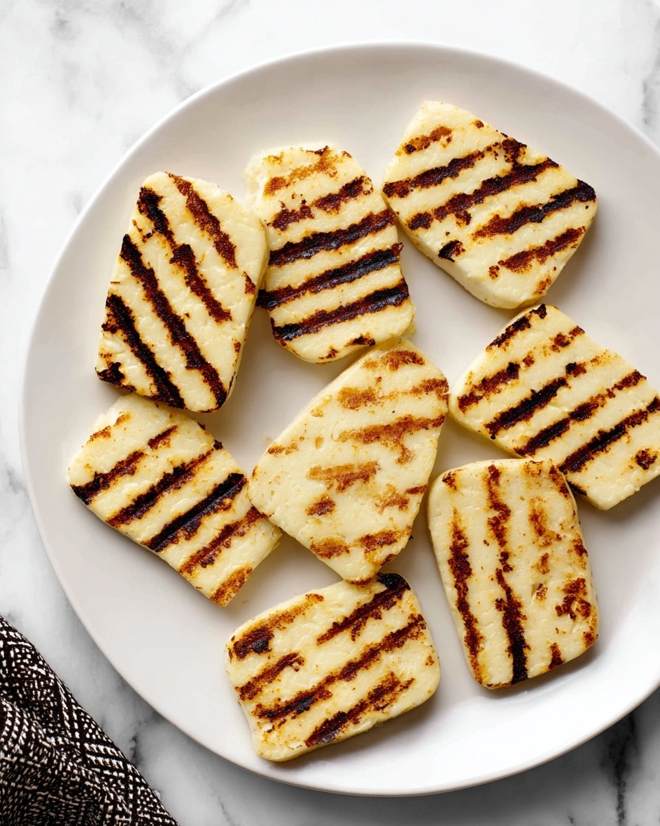 A white plate holds nine rectangular slices of grilled halloumi cheese, each with clear dark brown grill lines running diagonally across the pale yellow cheese. The texture of the cheese looks firm and slightly shiny, with some small cracks and a few browned edges visible. The plate sits on a white marbled surface with part of a black and white patterned cloth in the bottom left corner. photo taken with an iphone --ar 4:5 --v 7