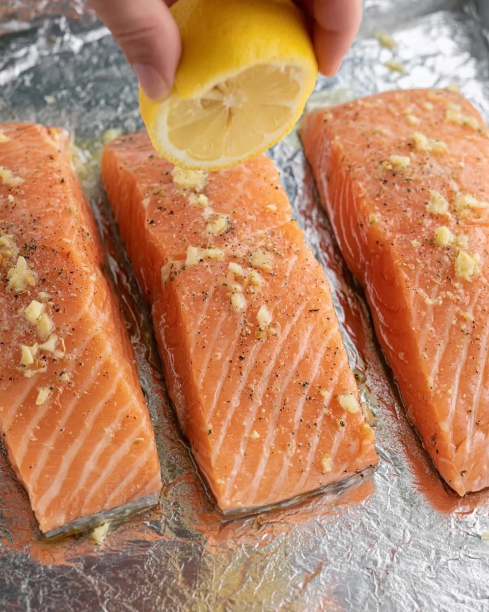 The image shows three raw salmon fillets placed side by side on foil-lined surface. Each fillet has a light orange-pink color with visible striations of fat. The surface of the fillets is sprinkled with small bits of minced garlic and black pepper. A woman's hand is seen squeezing a bright yellow lemon half over the middle salmon fillet, adding a fresh touch to the scene. The texture of the foil beneath the fillets reflects light, adding a shiny silver background to the salmon. The overall look is fresh and ready for cooking. Photo taken with an iphone --ar 4:5 --v 7