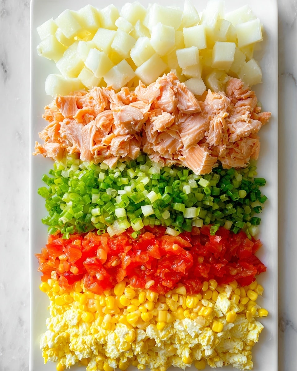 The image shows a rectangular white plate with six clear layers of food arranged in horizontal stripes. From top to bottom, the first layer is small white diced potatoes, soft and slightly textured. Below it is a bright green layer of finely chopped green onions, fresh and crisp. The middle layer consists of light pink flaky cooked salmon pieces, tender and moist. Underneath is a shiny yellow layer of sweet corn kernels, smooth and plump. Following that is a red layer of finely diced tomatoes, juicy and vibrant. The last layer at the bottom is finely chopped hard-boiled eggs, mainly yellow yolk bits mixed with white, crumbly and soft. The plate sits on a white marbled surface. photo taken with an iphone --ar 4:5 --v 7