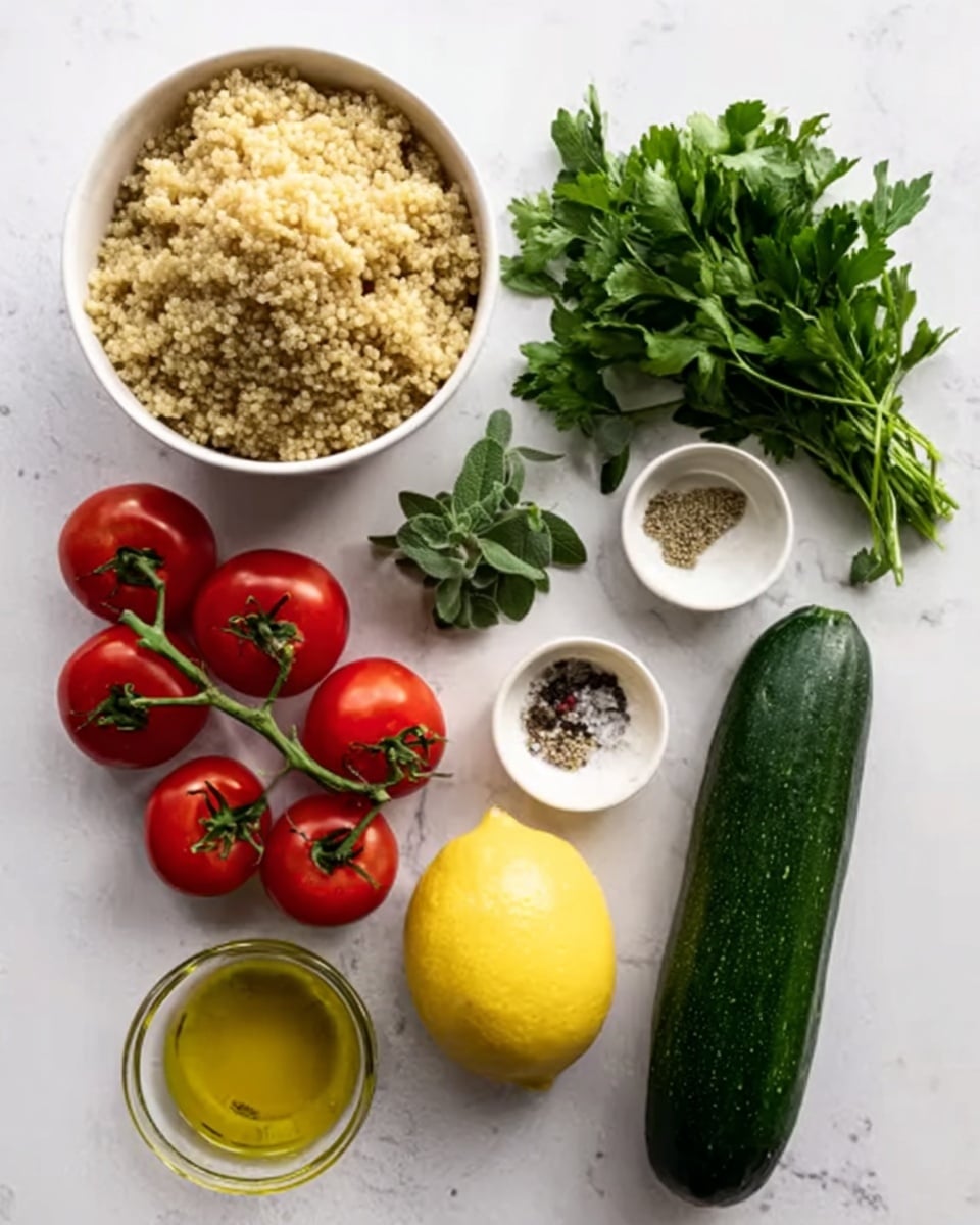 The image shows a white bowl filled with cooked quinoa, placed at the top left. Next to it, on the right, is a bunch of fresh green parsley with jagged leaves. Below the bowl is a dark green cucumber, smooth and long, and beside it, a bright yellow lemon with a slightly rough surface. To the right of the lemon is a small bunch of fresh oregano leaves, dark green and slightly rounded. Above the oregano on the right side is a small white bowl with salt and a few black peppercorns. In the center is a small bunch of bright red cherry tomatoes still on the vine with green stems. Below the lemon and on the bottom left is a small clear glass bowl filled with golden olive oil. The items are all placed on a white marbled surface photo taken with an iphone --ar 4:5 --v 7