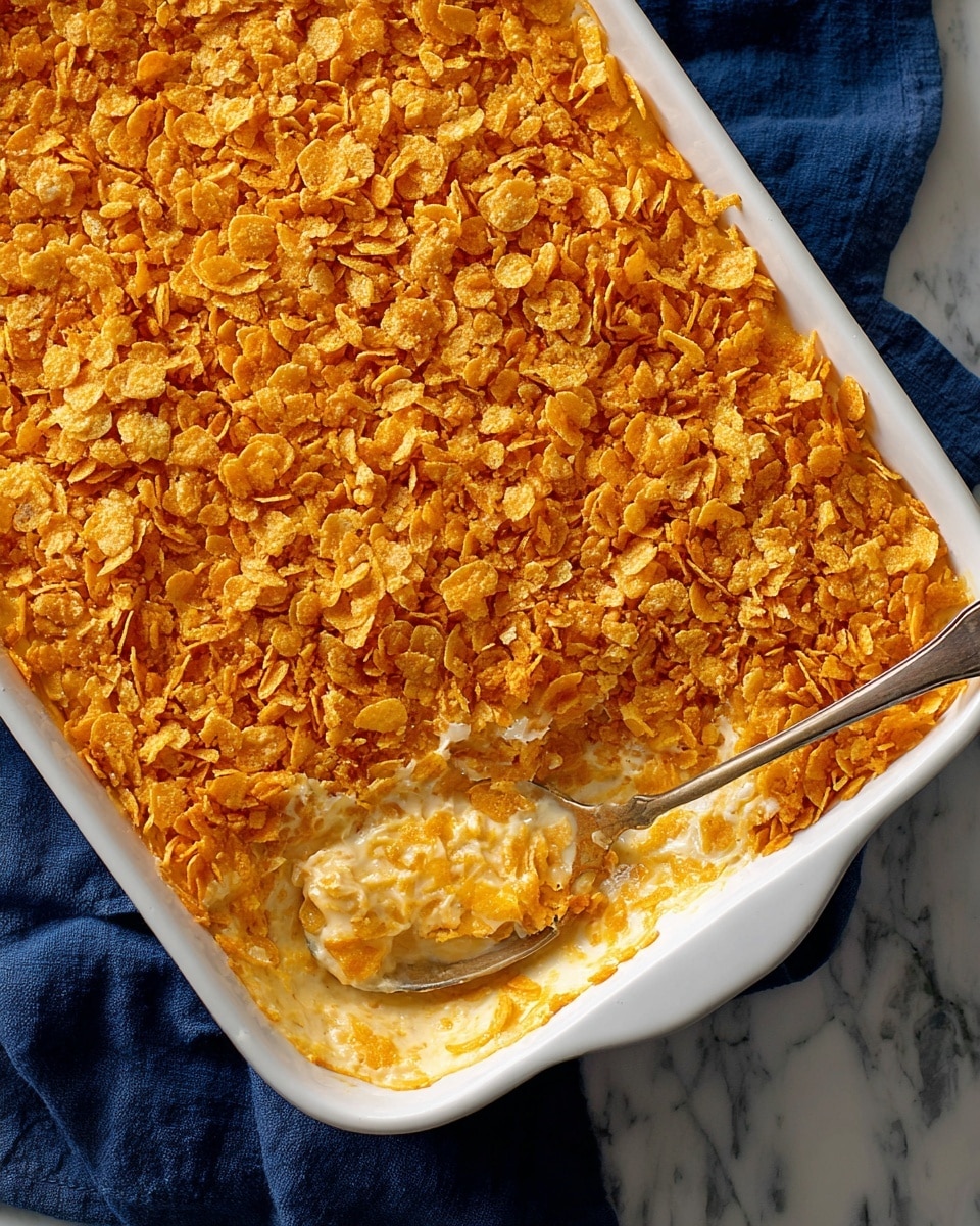 A rectangular white baking dish filled with a casserole showing two visible layers; the top layer is a thick, golden orange crispy topping with a rough texture made from crushed cornflakes, covering a creamy, lighter beige layer underneath that looks soft and smooth. A spoon is scooping from the bottom-left corner, showing the creamy layer beneath the topping. The dish is placed on a dark blue cloth over a white marbled surface. The overall look is warm and comforting. photo taken with an iphone --ar 4:5 --v 7