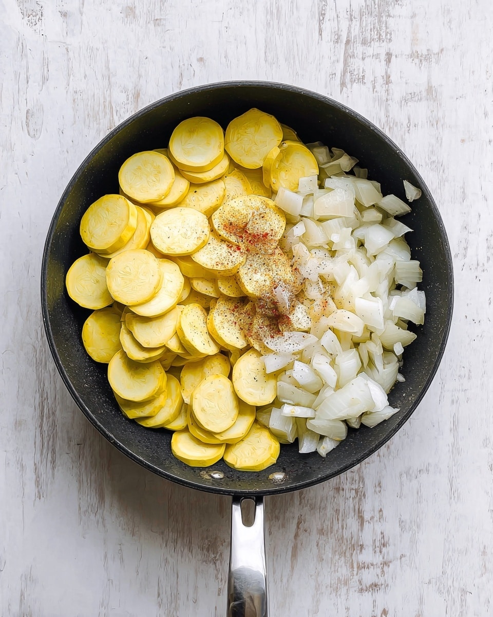 A black pan seen from above holds a mix of sliced yellow squash and chopped white onions. The yellow squash slices are round and piled mainly on the left side of the pan, showing their soft, pale yellow inside. The chopped onions, white and chunky, cover the right side in a rough pile. On top of the vegetables, scattered in small piles, are white salt crystals, black pepper specks, and a light brown powder seasoning. The pan has a long gray and silver handle extending downward. The pan rests on a white marbled surface with faint wood textures visible. photo taken with an iphone --ar 4:5 --v 7