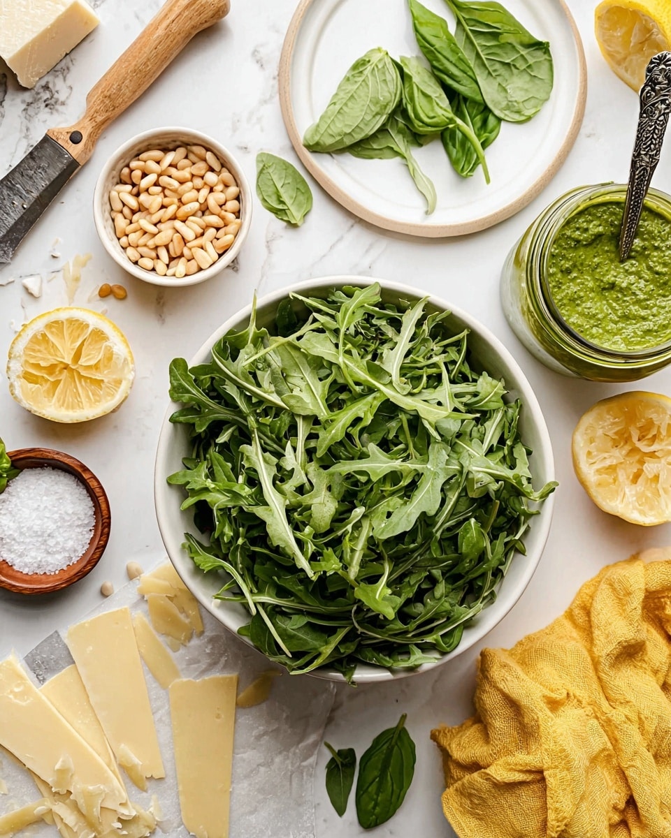 A white bowl filled with green arugula leaves sits at the center on a white marbled surface, surrounded by several items: a small glass bowl of light brown pine nuts above it, a white plate above right with green basil leaves and a glass jar of thick green sauce with a spoon inside, wedges and pieces of bright yellow lemon nearby, a white bowl with coarse salt and a wooden spoon on the left, a pile of pale yellow broken cheese slices with a small knife below left, and some loose basil leaves and a yellow cloth napkin on the right. photo taken with an iphone --ar 4:5 --v 7