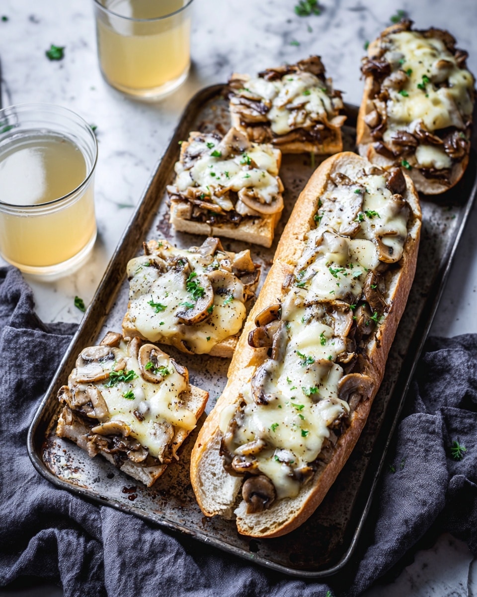 Two open sandwich halves sit side by side on a white marbled surface. Each sandwich is made with soft, light golden bread sliced longways. The first layer on the bread consists of small browned meat pieces and lightly cooked sliced mushrooms scattered evenly. On top, a generous layer of melted pale yellow cheese covers the meat and mushrooms with a slightly bubbly and smooth texture. Small bits of chopped green herbs are sprinkled over the cheese, adding bright green color and freshness. Tiny black pepper flecks are spread over everything, adding a dark contrast. The overall look is warm, hearty, and inviting, with a mix of creamy, meaty, and fresh textures. photo taken with an iphone --ar 4:5 --v 7