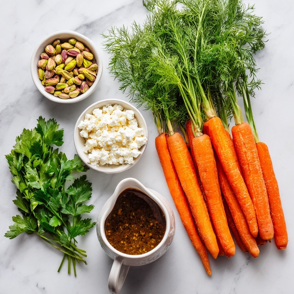 The image shows fresh whole carrots arranged in a group on the right side, bright orange with a slightly rough texture. Above them is a bunch of fresh green dill with feathery, soft leaves. Near the center, there is a small white bowl filled with crumbled white feta cheese. To the left of the feta is another small white bowl filled with roasted pistachios, showing brown and green tones. On the far left, fresh green parsley leaves are spread out loosely. Below the parsley and pistachios, a white ceramic pitcher holds brown dressing with visible black specks. All items are placed on a white marbled surface. photo taken with an iphone --ar 4:5 --v 7