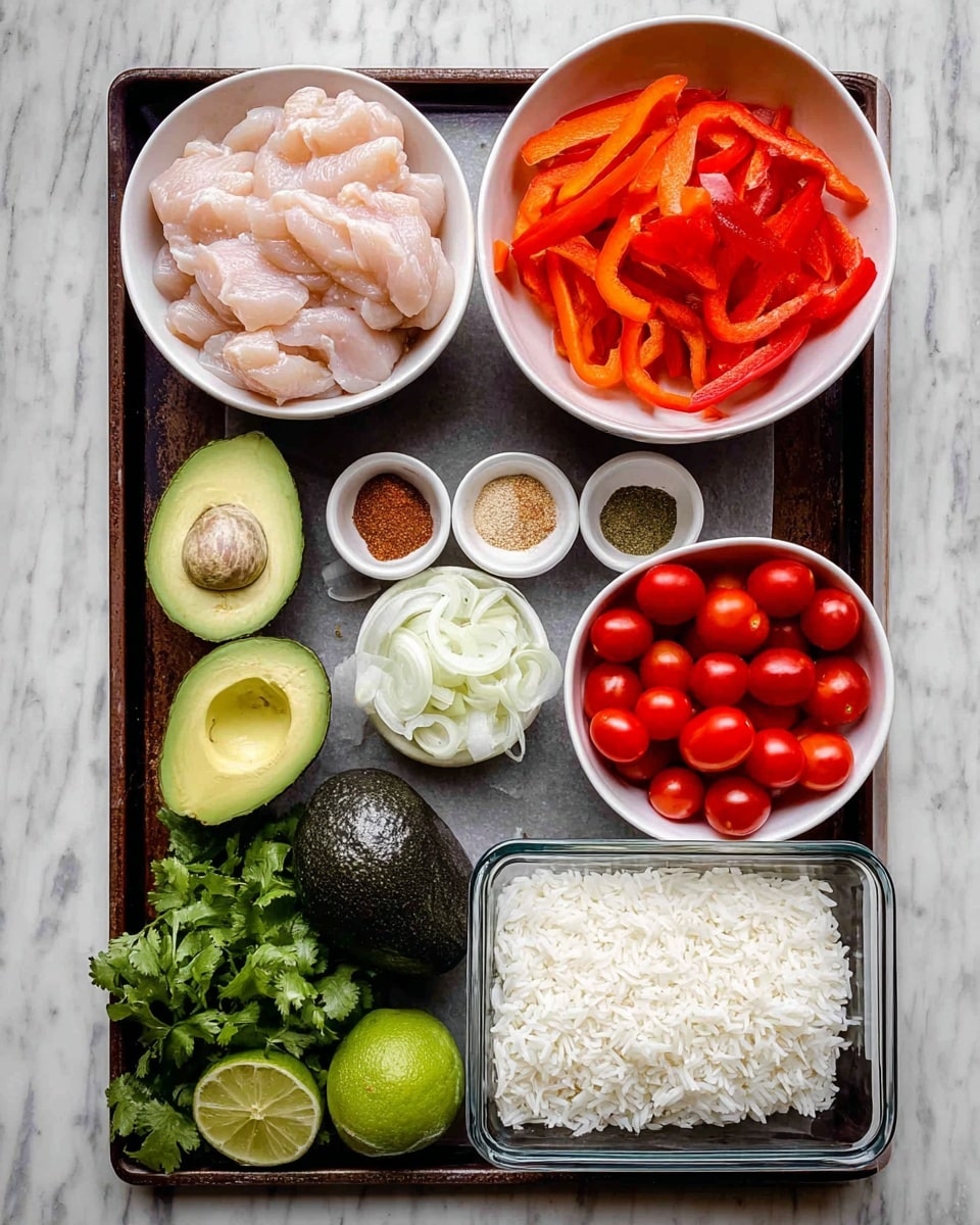 A dark baking tray holds several ingredients arranged neatly: top left is a white bowl filled with pale pink sliced raw chicken; next to it on the right is a white bowl with bright orange-red sliced bell peppers; below the chicken bowl is a white bowl containing four types of ground spices in divided sections—red, beige, brown, and greenish; to the right of spices is a white bowl filled with thin white onion slices; below the pepper bowl are two dark green avocados side by side; below the avocado, a small bunch of fresh green cilantro and two limes with bright green skin rest on the tray; next to cilantro is a white bowl full of shiny red grape tomatoes; the bottom right corner features a clear rectangular glass container filled with white cooked rice; all placed on a white marbled surface photo taken with an iphone --ar 4:5 --v 7