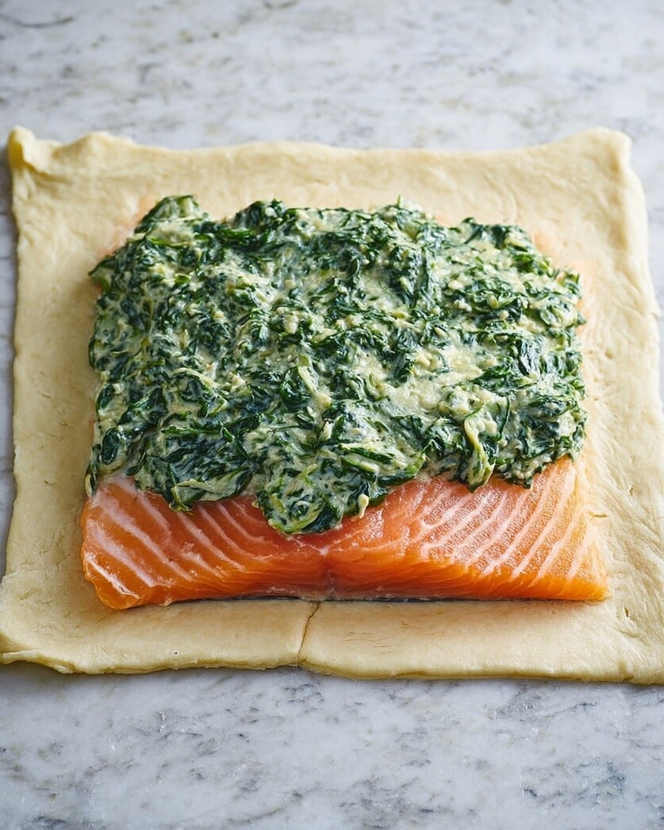 The image shows a square layer of light beige dough spread flat on a white marbled surface. In the center of the dough, there is a smooth, vibrant pink-orange slice of salmon with clear white marbling lines. On top of the salmon, there is a thick layer of creamy spinach mixture, which is light green with darker green leafy bits and a textured, slightly chunky consistency. The spinach topping is spread evenly but piled higher in the middle, covering most of the salmon slice. Photo taken with an iphone --ar 4:5 --v 7