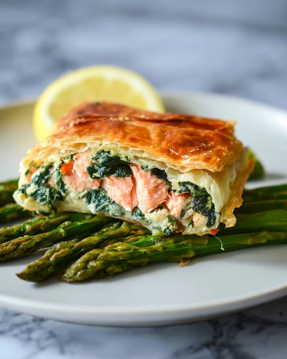 The image shows a white plate with a piece of baked pastry on top of cooked green asparagus. The pastry has three layers: the top layer is a golden-brown flaky crust, the middle layer is a creamy mixture of green spinach with a soft texture, and the bottom layer is pink cooked salmon with visible flakes. Behind the pastry, there is a slice of lemon, slightly blurred. The background is a white marbled texture. photo taken with an iphone --ar 4:5 --v 7