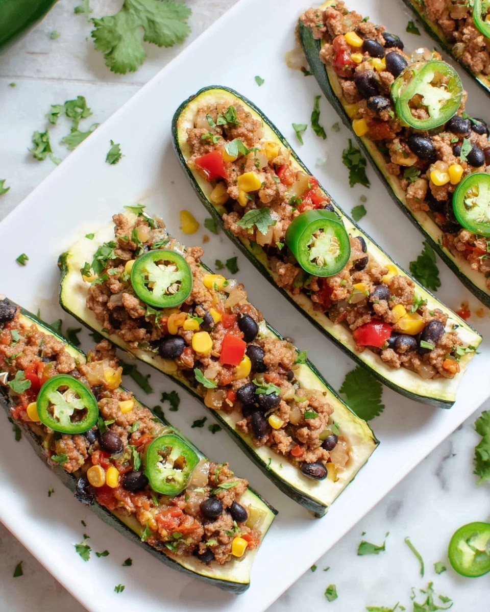 Four zucchini boats are placed side by side on a white rectangular plate over a white marbled surface. Each zucchini boat is sliced in half lengthwise, showing three layers: the dark green skin as the base, the light green flesh inside, and a filling on top. The filling is a mix of light brown cooked ground meat, yellow corn kernels, black beans, and small bright red and orange diced peppers. Each zucchini boat is topped with a fresh green jalapeño ring on top, and bits of chopped green herbs are scattered around the plate for garnish. The scene has bright natural light, and some scattered cilantro leaves add a fresh touch. Photo taken with an iphone --ar 4:5 --v 7