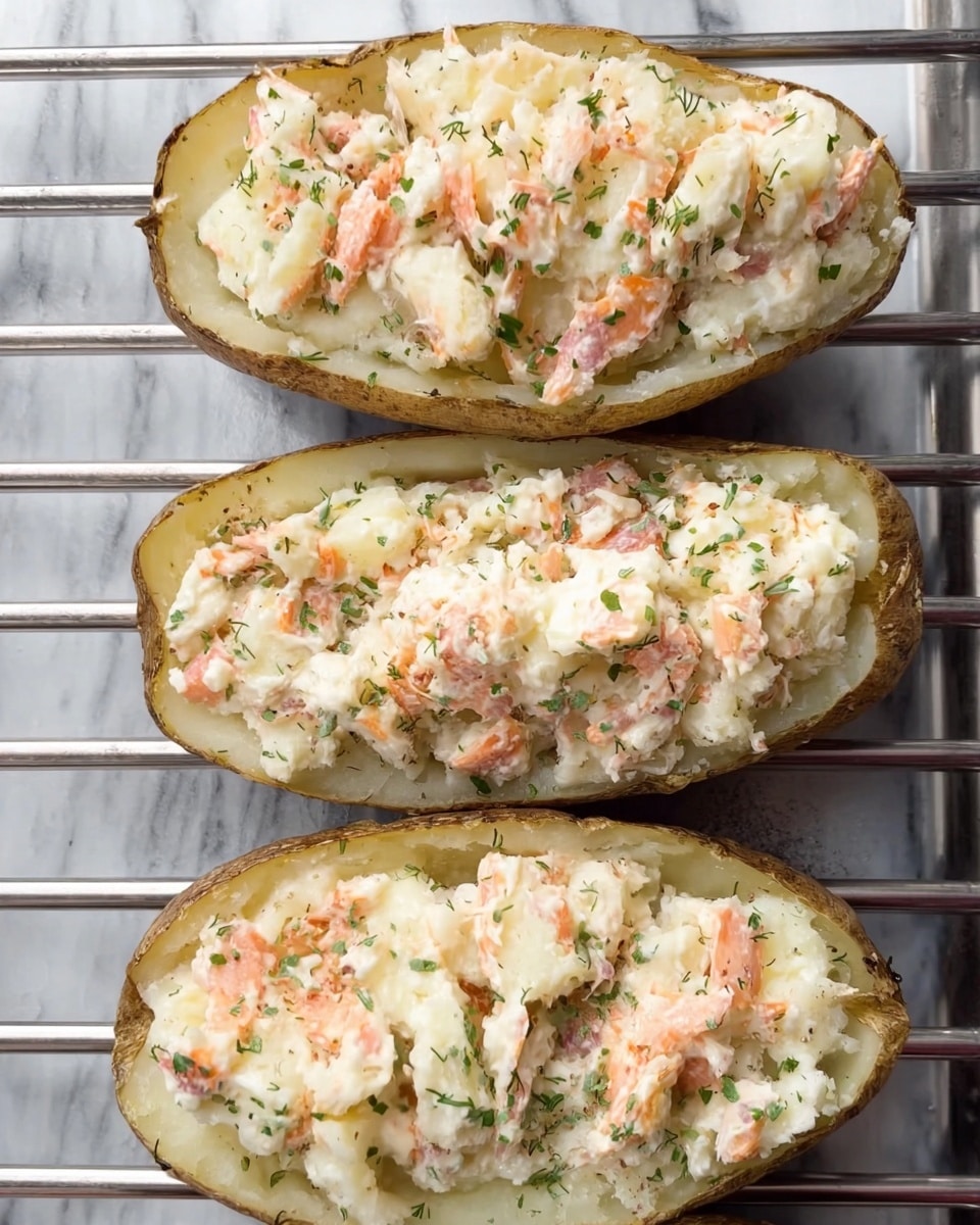 The image shows four potato halves with skins on, placed in a row on a metal grill. Each potato half is filled with a mix of white mashed potatoes and small pink pieces, likely fish or salmon, sprinkled with small green herb flakes. The filling has a chunky texture with visible color contrast between the white base and the pink bits. The background is a white marbled texture underneath the grill. photo taken with an iphone --ar 4:5 --v 7
