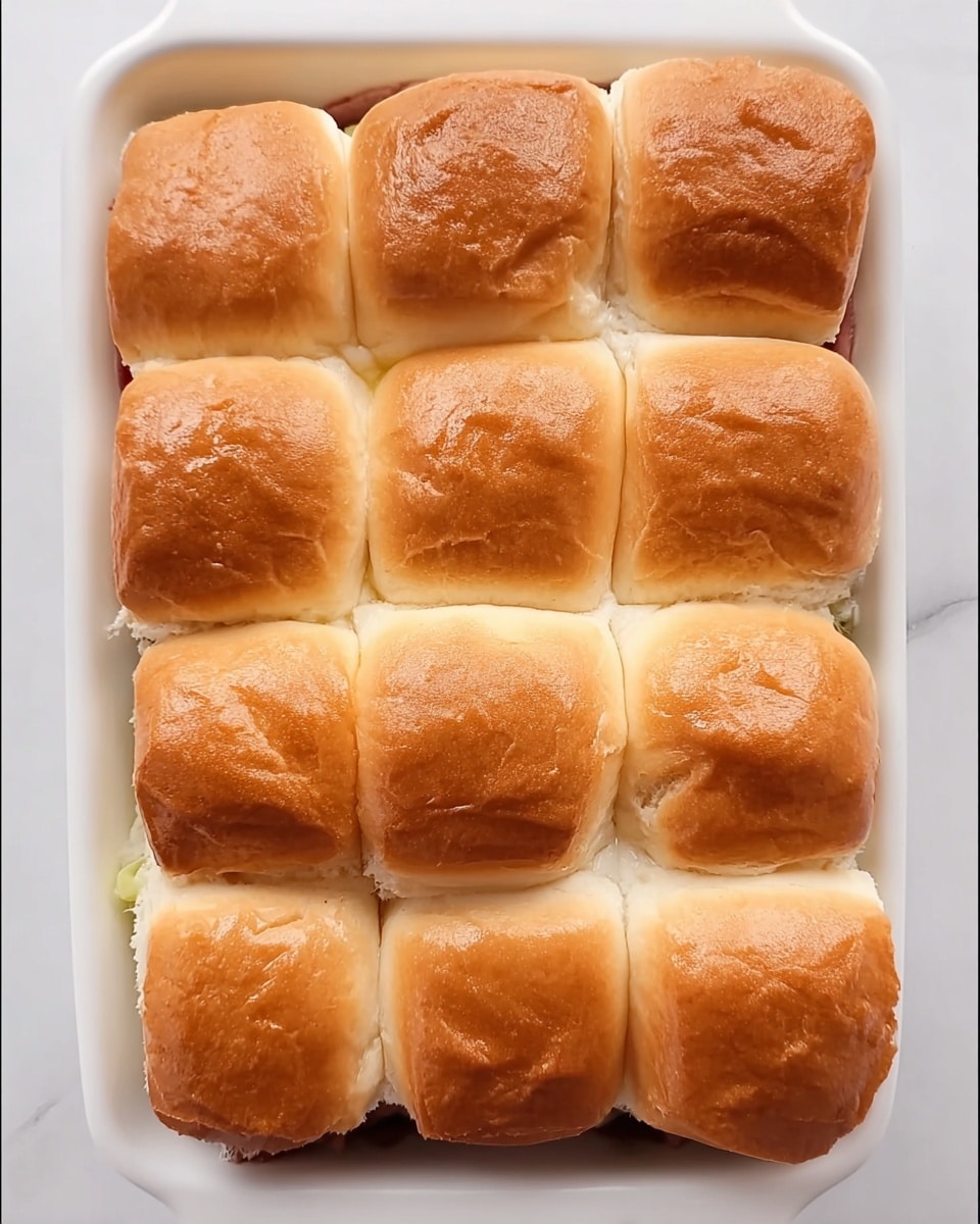 A white rectangular dish holds nine soft, golden-brown slider buns arranged in a 3 by 3 grid, showing slightly puffy tops with delicate cracks on some buns. The buns cover the filling inside, which slightly peeks through the edges in light shades of white and red, indicating layers of meat and sauce inside. The dish rests on a white marbled surface, giving a clean and bright setting. photo taken with an iphone --ar 4:5 --v 7