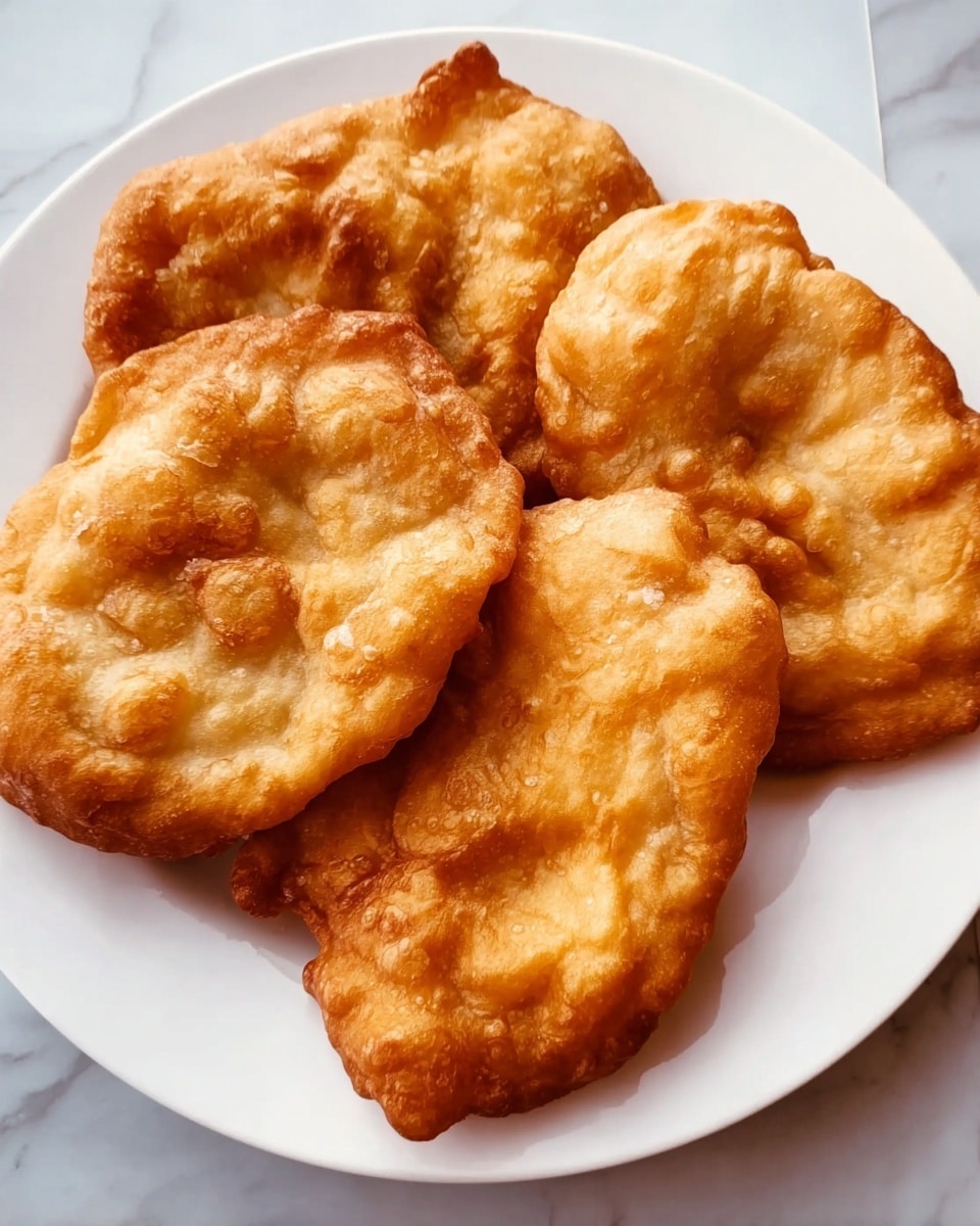 A white plate holds four large pieces of fried dough with a golden-brown color and a rough, bubbly texture. Each piece is irregular in shape, with slightly darker browned spots around the edges and in some creases. The dough looks puffy and thick, overlapping slightly in places. The plate rests on a white marbled surface. Photo taken with an iphone --ar 4:5 --v 7