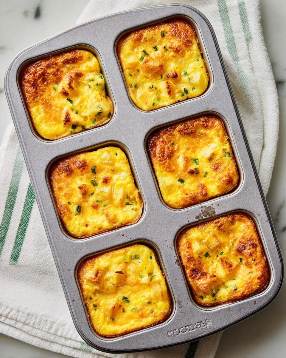 A silver muffin tray with six square-shaped egg bites inside, each bite baked to a golden yellow color with browned edges. The egg bites show small green pieces, possibly chopped herbs or vegetables, spread evenly throughout, along with yellow chunks that might be potatoes or cheese. The texture on top looks slightly crispy and bubbly, with some small oily spots on the tray around the bites. The tray rests on a white marbled surface with a white towel showing green stripes beside it. photo taken with an iphone --ar 4:5 --v 7