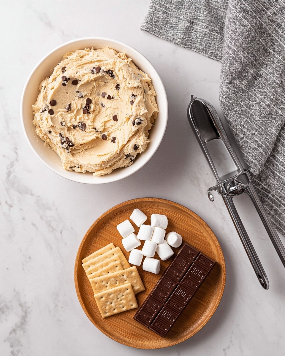 A white bowl filled with thick, light tan cookie dough with dark chocolate chunks is on the left side of the image, sitting on a white marbled surface. To the right of the bowl is a metal ice cream scoop with black handles, resting flat on the surface. Below these, partially cropped, is a round wooden plate holding three rectangular light beige crackers, six large white marshmallows, and a dark brown chocolate bar segmented into small squares with