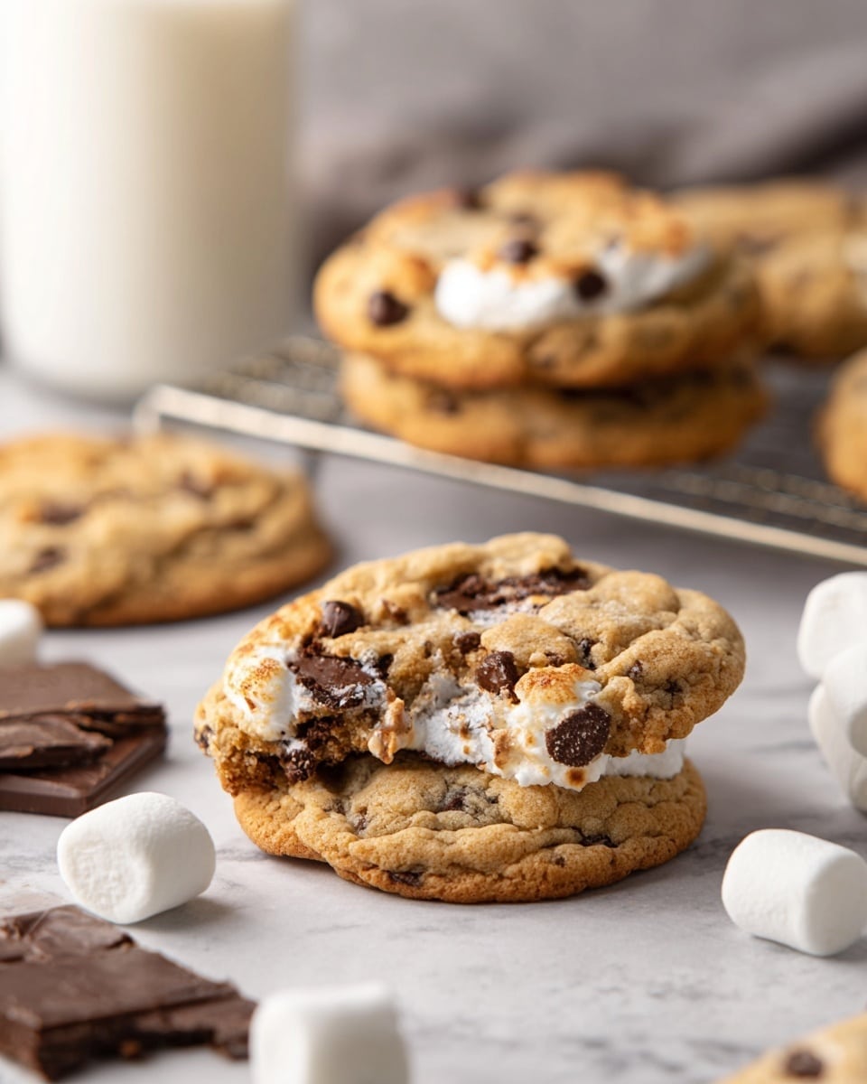 The image shows a close-up of several soft baked cookies on a white marbled surface. The main cookie in front has three layers: a light golden brown base with a slightly rough texture filled with dark chocolate chips, then a middle part showing melted white marshmallow that spreads out unevenly, and small, shiny dark chocolate chunks embedded around the edges. Behind it, there is a small stack of similar cookies resting on a silver cooling rack. Scattered around are more cookies, some broken to show the soft middle layer, along with whole white marshmallows and a broken chocolate bar on the bottom left corner. In the background, a blurry tall glass of milk completes the cozy scene. photo taken with an iphone --ar 4:5 --v 7