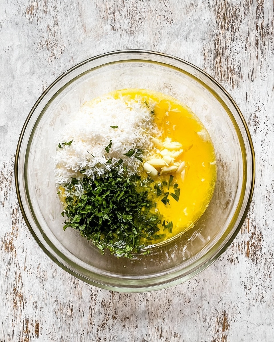 A clear glass bowl sits on a white marbled textured surface with four distinct layers inside: a bright yellow melted butter layer covering the bottom, a white grated cheese layer on the left, chopped fresh green herbs on the right, and minced pale garlic pieces near the herbs, all arranged without mixing. photo taken with an iphone --ar 4:5 --v 7