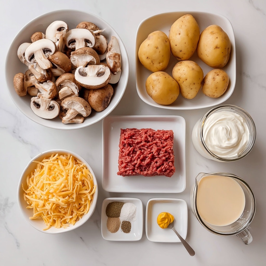 The image shows several cooking ingredients arranged neatly on a white marbled surface. In the upper left, there is a white bowl filled with sliced brown mushrooms, showing the light inner part and darker skin. To the right are five yellowish-brown potatoes grouped together. Below the mushrooms, a rectangular block of bright red ground beef sits on a white plate with visible textured lines in the meat. To the bottom left, there is a white bowl full of shredded orange cheese. In the center right, a small white bowl holds thick white sour cream. Below this is a glass jar with creamy soup inside. Next to the jar are two small white plates, one with different dry seasonings in small piles and the other with a small spoonful of yellow mustard. The layout is clean, highlighted by the bright colors and textures of the food. photo taken with an iphone --ar 4:5 --v 7