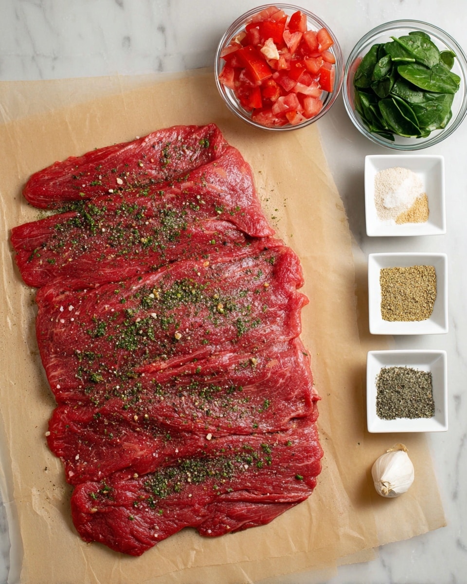 A large, flat piece of red raw beef seasoned with small green herb flakes, black pepper, and salt is spread out on light brown paper. Above it, four small white square dishes hold different seasonings: green herbs, light beige garlic powder, white salt, and a mix of black pepper and salt. Behind these dishes, there are three small clear bowls containing green spinach leaves, red diced tomatoes, and minced garlic. The whole scene is placed on a white marbled surface. Photo taken with an iphone --ar 4:5 --v 7