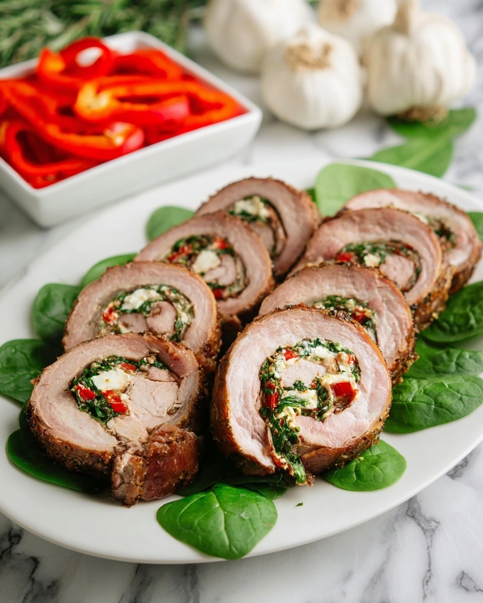 A white plate holds several slices of rolled meat with three clear layers inside: an outer brown cooked layer with seasoning, a middle light pink cooked layer, and an inner creamy white layer mixed with small pieces of green herbs and red bits. The rolls rest on fresh bright green spinach leaves, adding a pop of color. In the background, there are whole garlic bulbs and a white square bowl filled with sliced red peppers, all set on a white marbled surface. photo taken with an iphone --ar 4:5 --v 7