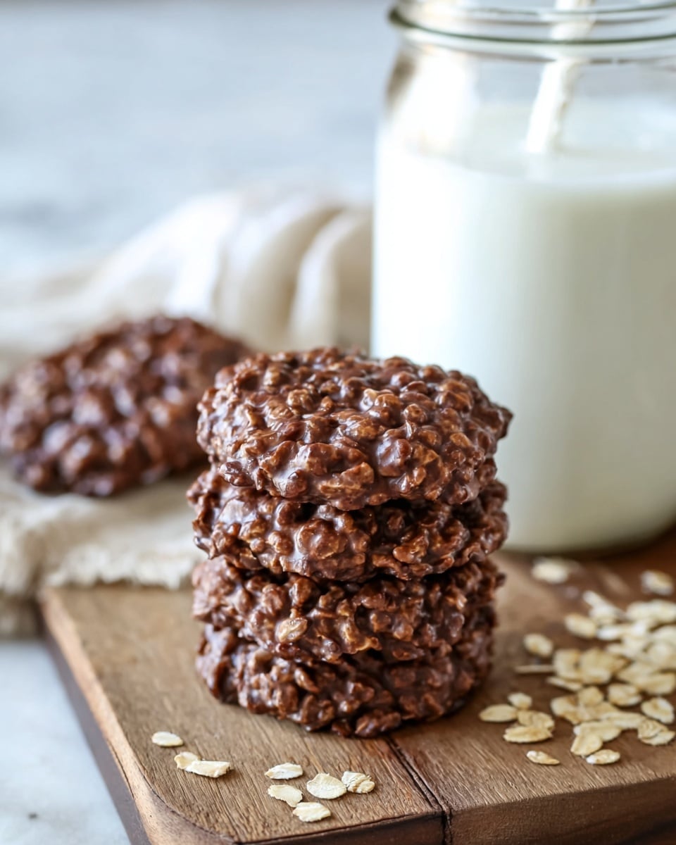 A stack of five round chocolate oatmeal cookies with a rough, bumpy texture sits in the foreground on a wooden board with scattered oat flakes around it. Behind the stack, a single cookie is slightly blurred, positioned near a glass jar filled with white milk, all set on a white marbled surface. The colors mainly include dark brown for the cookies and creamy white for the milk and background. Photo taken with an iphone --ar 4:5 --v 7