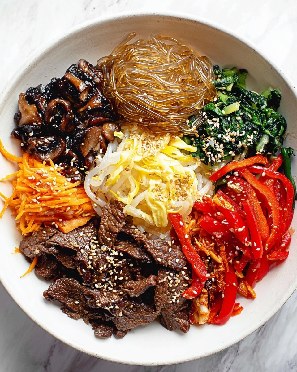 A white plate holds a colorful Korean bibimbap with six distinct sections arranged in a circle: in the top left, sautéed dark brown mushrooms with a shiny glaze; next to it, a clump of translucent, brown noodles sprinkled with light sesame seeds; on top of the noodles is a small pile of thin, yellow and white egg strips; at the bottom right, dark brown grilled beef strips covered with sesame seeds; moving left, transparent, slightly oily sautéed onions; below the onions are bright orange shredded carrots; and lastly, to the far left, red bell pepper strips. The dish is on a white marbled surface. photo taken with an iphone --ar 4:5 --v 7