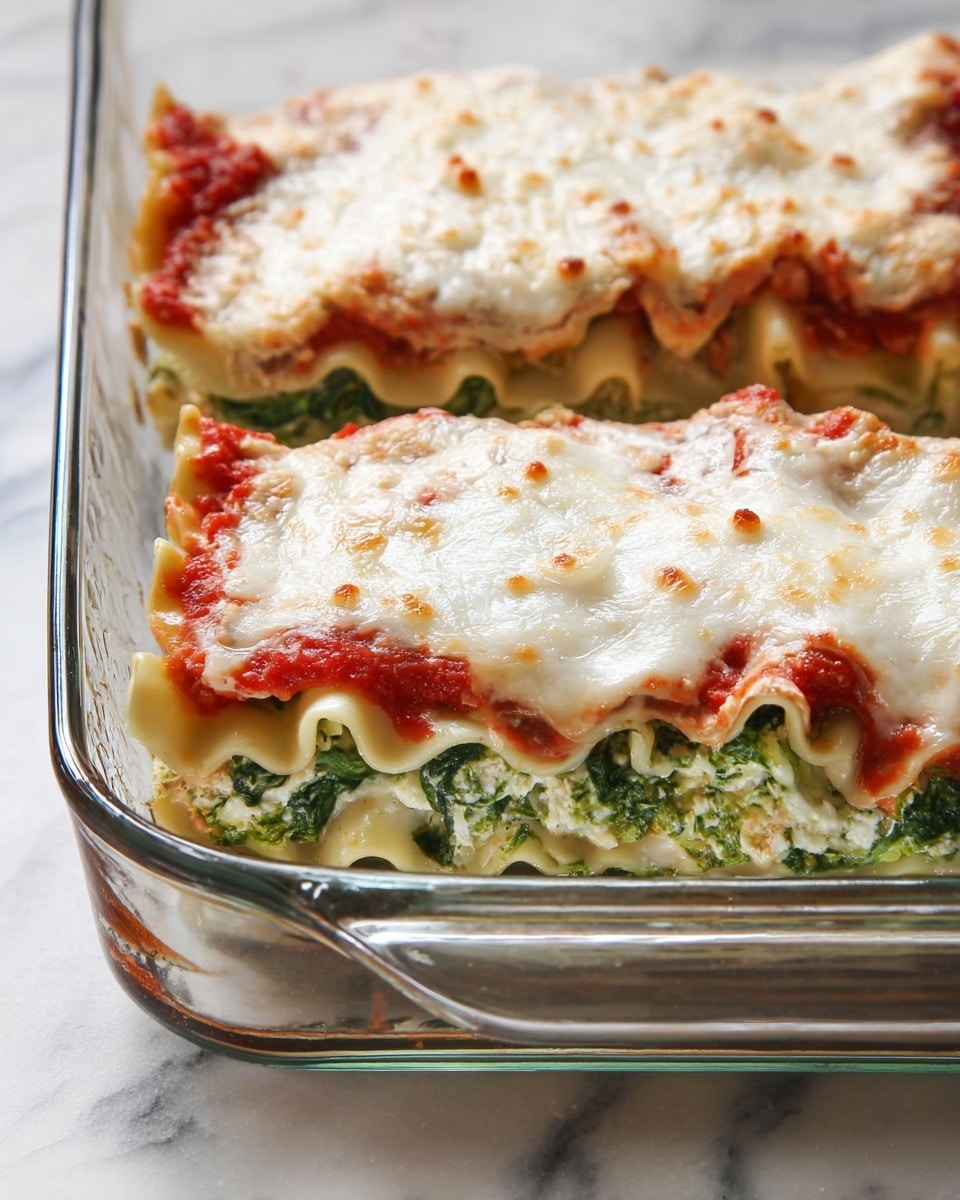 The image shows two square pieces of spinach lasagna in a clear glass baking dish placed on a white marbled surface. Each piece has multiple layers starting with a pale, wavy greenish pasta sheet at the bottom, followed by a layer of green spinach filling mixed with some white cheese visible at the edges. Above the filling, there is a thin layer of bright red tomato sauce scattered unevenly. The top layer is thick and creamy white melted cheese, slightly browned on top with small golden spots, covering the entire surface of the lasagna pieces. The edges of the pasta sheets are visible curling slightly under the cheese. The clear baking dish shows the layers and textures well, and the overall look is hot and fresh, as if just taken from the oven. Photo taken with an iphone --ar 4:5 --v 7