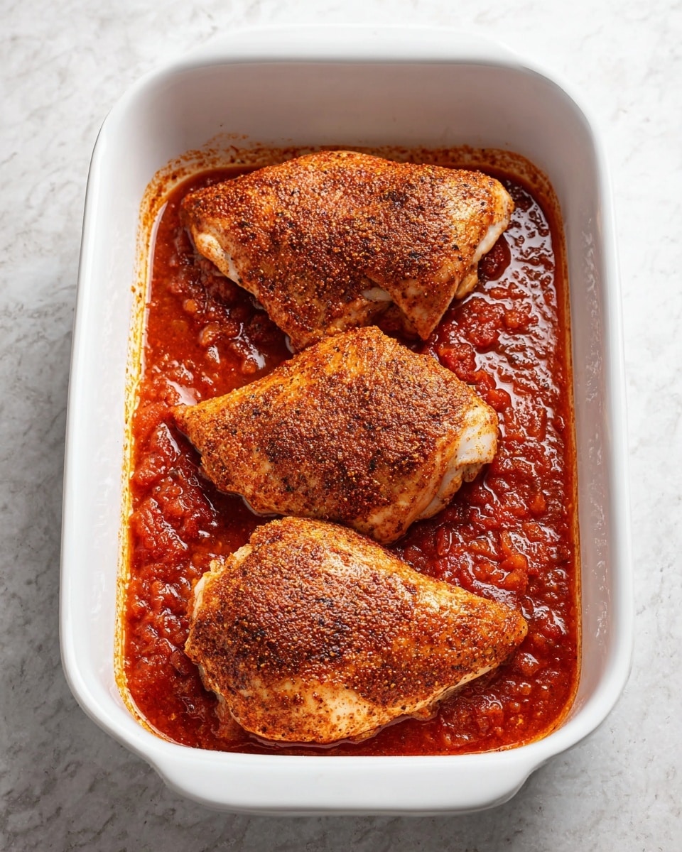 A white rectangular baking dish holds three large seasoned chicken pieces, each coated with a dark reddish-orange spice mix. The chicken pieces sit evenly spaced on a thick layer of chunky red tomato sauce that fills the bottom of the dish. The tomato sauce looks rich and textured, with small bits of tomato visible. The dish is placed on a white marbled surface. photo taken with an iphone --ar 4:5 --v 7