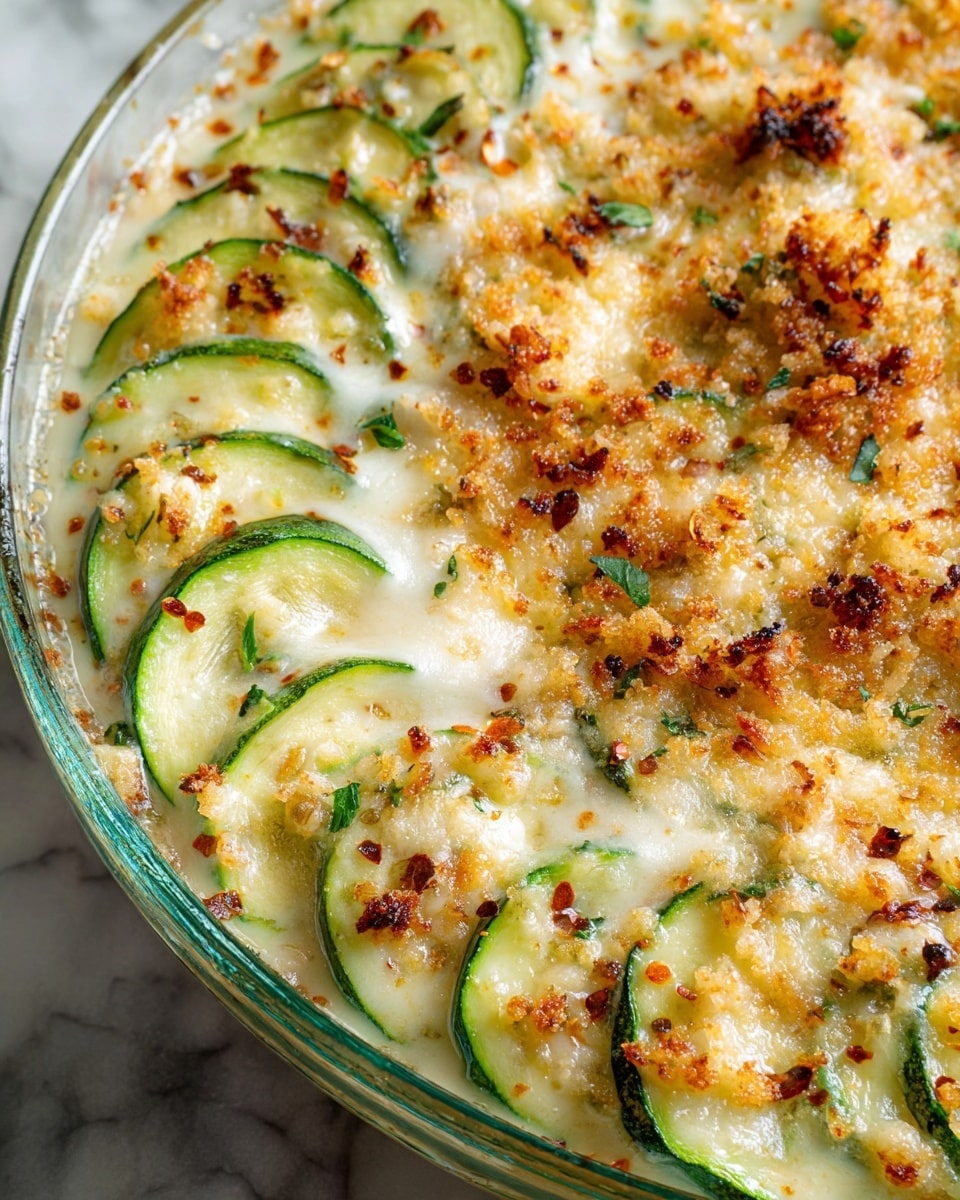 The image shows a close-up of a baked zucchini dish in a clear round glass baking dish. It has thin green zucchini slices arranged in a curved line on one side, covered by a thick, creamy white cheese layer with a browned, crispy top sprinkled with light golden breadcrumbs and small bits of green herbs, along with red pepper flakes. The surface is bubbling and slightly browned, with a mix of smooth melted cheese and crunchy breadcrumb texture on top. The background is a white marbled texture. photo taken with an iphone --ar 4:5 --v 7