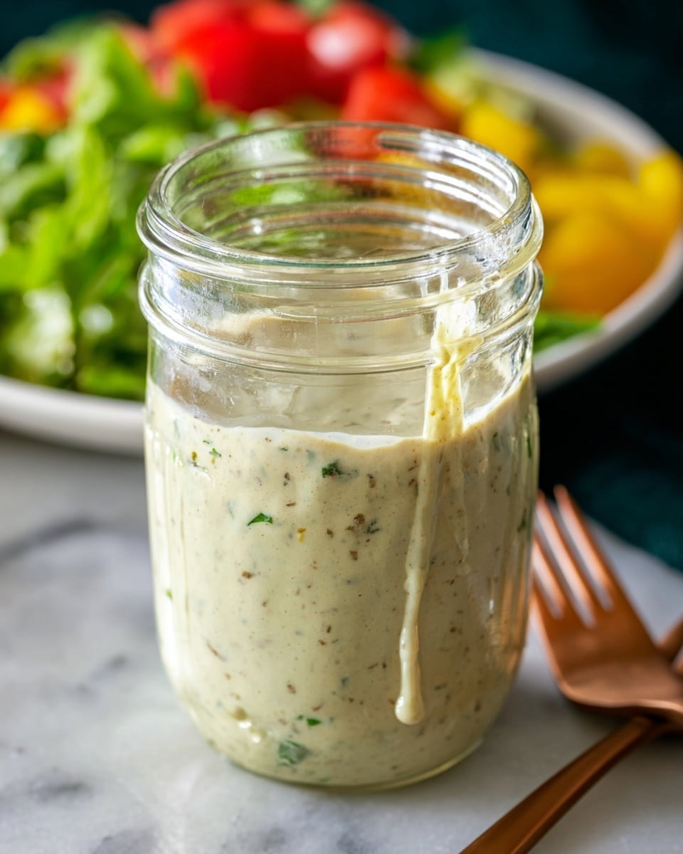 A clear glass jar filled with a creamy, pale green dressing that has visible small green and brown herb pieces mixed throughout. Some of the dressing drips slightly down the outside of the jar near the top. The jar sits on a white marbled textured surface with a blurred background showing green leafy vegetables, red tomato slices, and yellow pieces of food on a white plate. A wooden fork and spoon rest beside the jar. Photo taken with an iphone --ar 4:5 --v 7