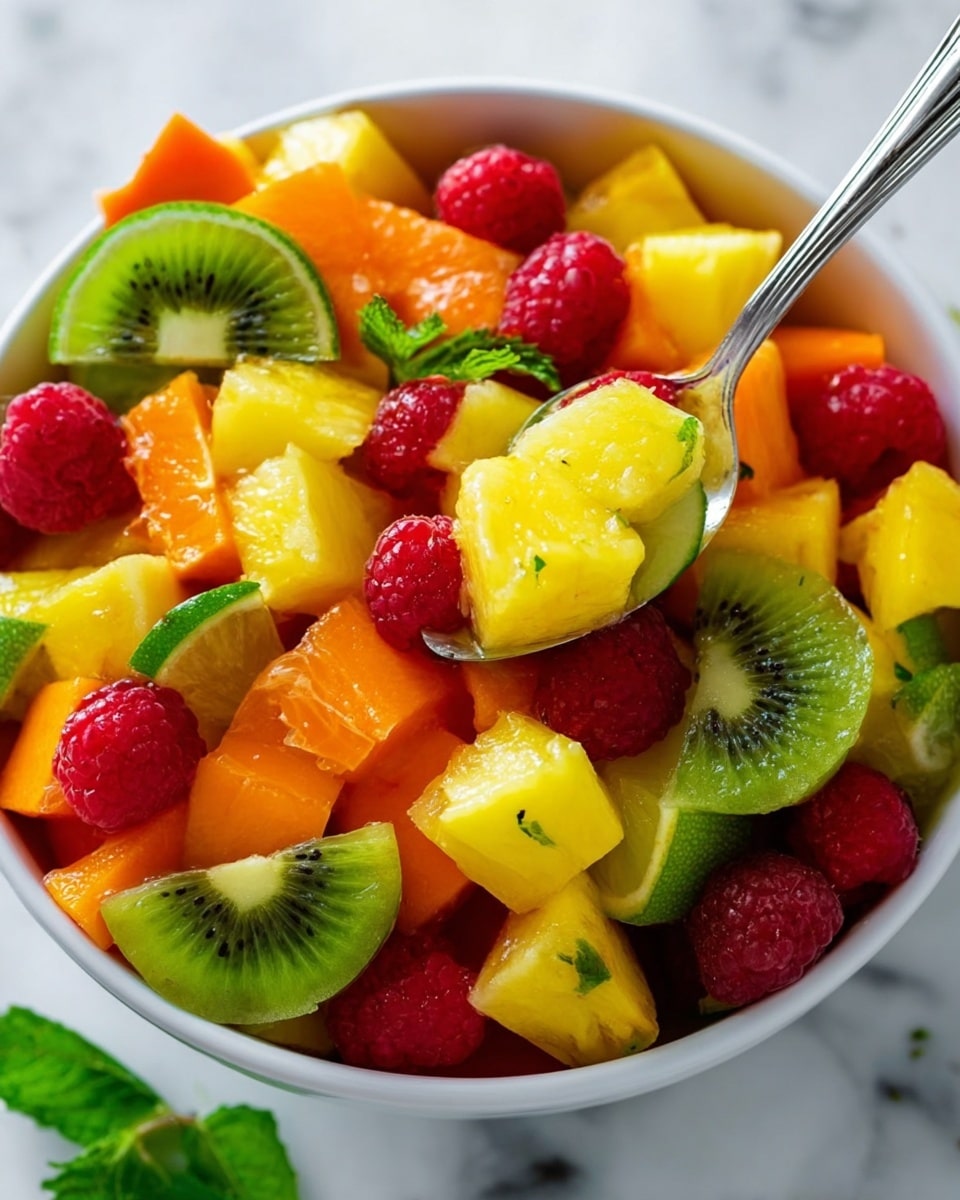 A close-up view of a white bowl filled with colorful fruit salad layers. The bottom layer shows bright yellow pineapple chunks, followed by orange papaya pieces on top. Scattered throughout are red raspberries adding texture. Green kiwi slices with black seeds and a green lime wedge sit on the top layer, adding a mix of colors. A silver spoon holds a pineapple piece inside the bowl. The bowl sits on a white marbled surface, with some fresh green mint leaves near the bowl's edge. photo taken with an iphone --ar 4:5 --v 7