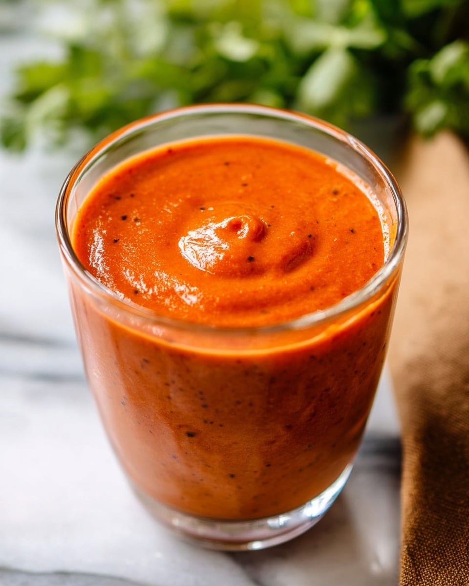 A clear glass filled with thick, smooth, orange-red sauce that has tiny dark specks throughout, showing a slightly glossy texture on top with a small swirl in the center. The glass is placed on a white marbled surface with green blurred leaves in the background and part of a brown cloth visible to one side. photo taken with an iphone --ar 4:5 --v 7