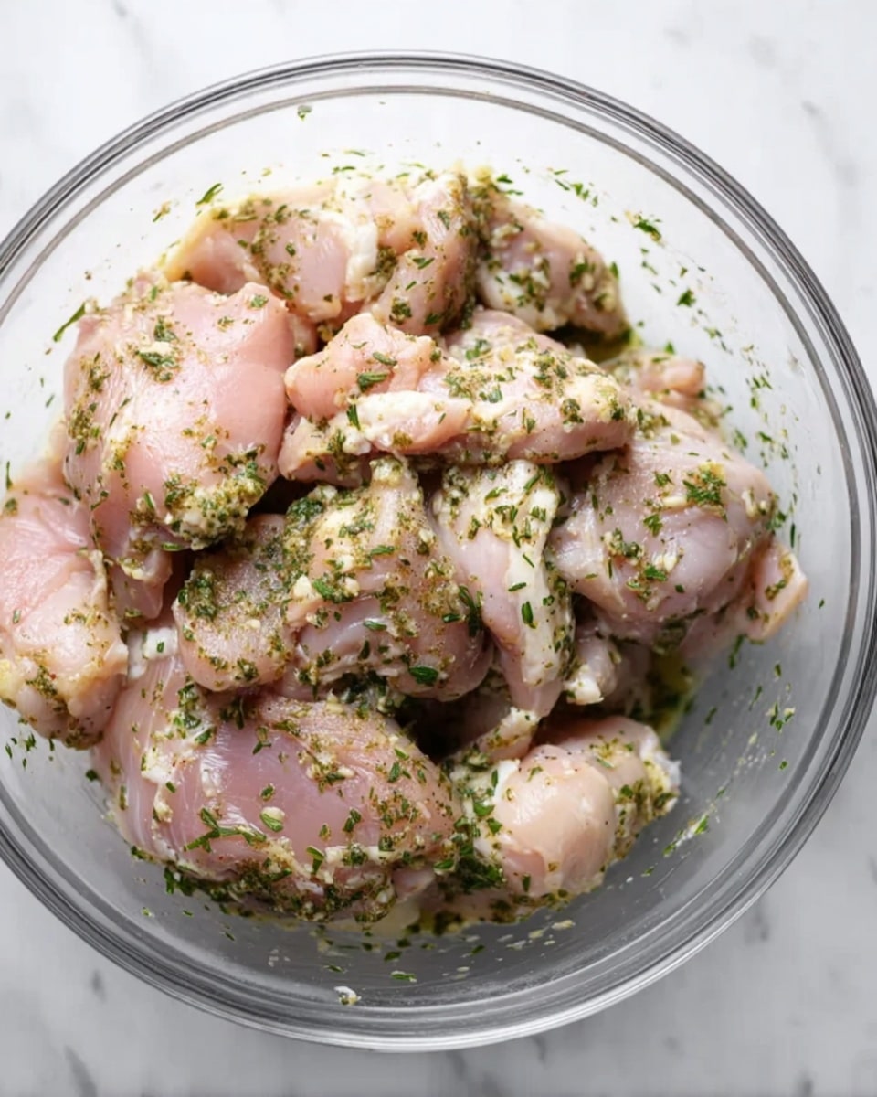 A clear glass bowl filled with several pieces of raw chicken mixed with green herbs and spices, coating the chicken in a speckled pattern of green on pale pink flesh. The chicken pieces vary in size and shape, filling most of the bowl’s space, with some herbs lightly scattered on the sides of the bowl’s interior. The bowl sits on a white marbled surface, and the overall image shows the texture of the chicken and herbs clearly. Photo taken with an iphone --ar 4:5 --v 7