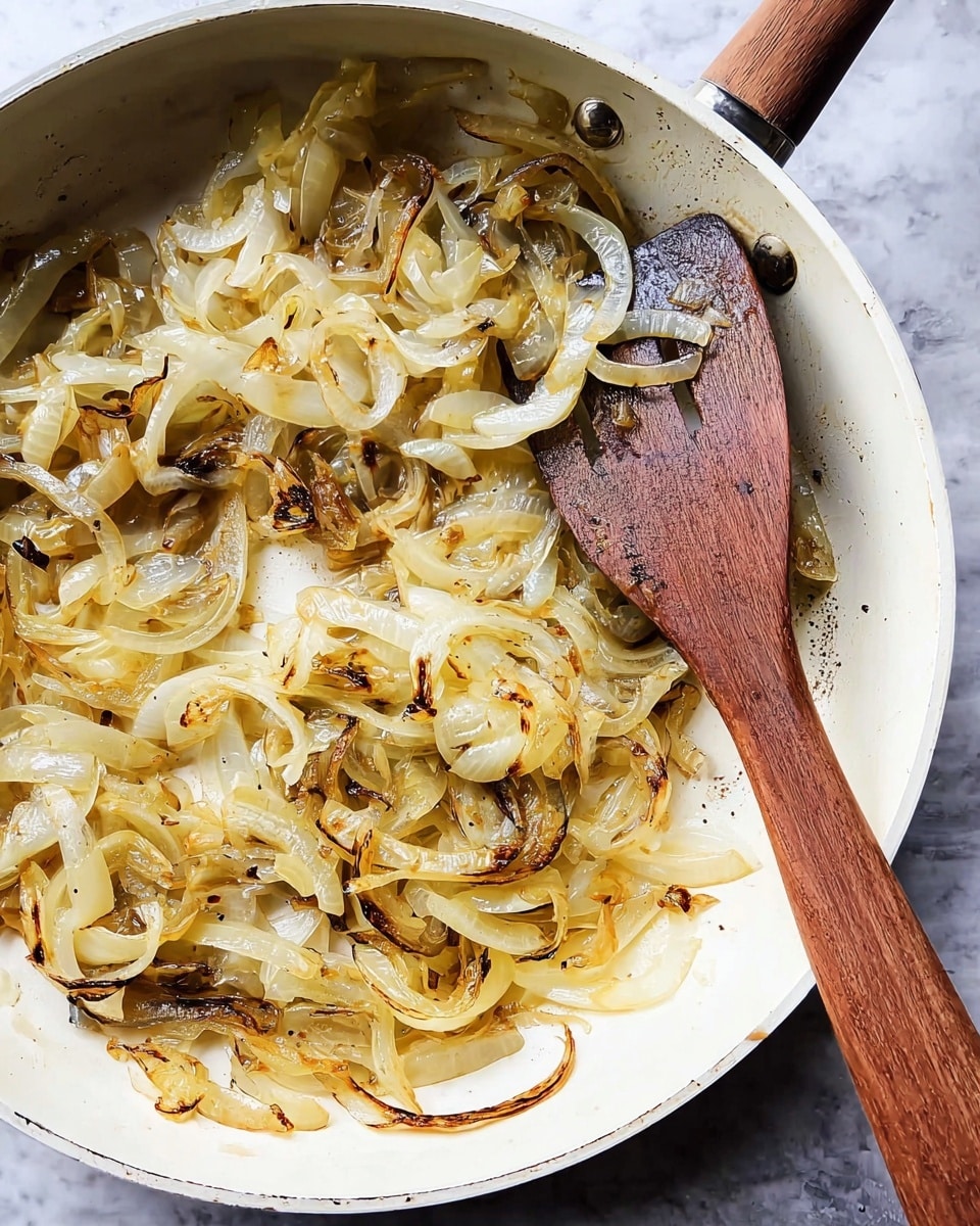 A white pan filled with cooked onions, showing about two layers of translucent, slightly browned onion slices scattered unevenly. The onions vary in color from light yellow to golden brown with some darker charred spots, giving a textured look. A wooden spatula with a smooth brown finish rests against the onions on the right side of the pan. The pan sits on a white marbled surface. photo taken with an iphone --ar 4:5 --v 7