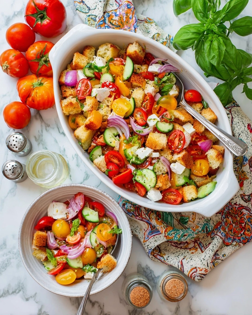 A white oval dish filled with a colorful salad that has several layers: the bottom layer is golden crunchy bread cubes, followed by bright red and yellow chopped tomatoes, round green cucumber slices, creamy white cheese pieces, and thin slices of red onion spread evenly on top. There is a silver spoon resting diagonally in the dish. Next to it, on a white marbled surface, is a smaller white bowl with a serving of the salad, showing the same layers with a fork inside. Surrounding these are whole red tomatoes, small cherry tomatoes, a bunch of green basil leaves, a glass bottle with a cork, and salt and pepper shakers. The scene is bright and fresh, with a patterned cloth partly visible under the smaller bowl photo taken with an iphone --ar 4:5 --v 7