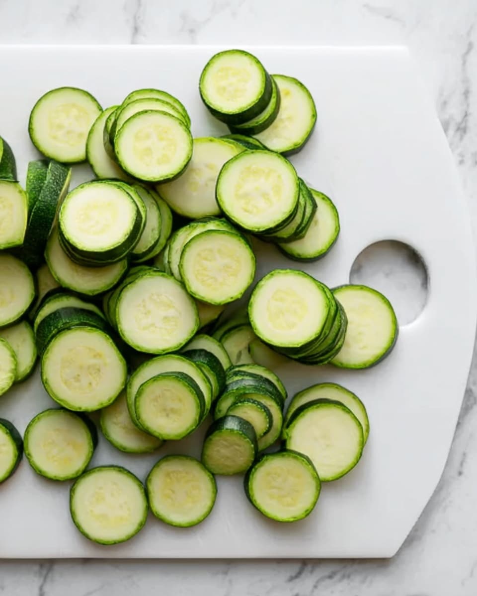 The image shows many green zucchini slices arranged loosely on a white cutting board with a handle on the right side. The zucchini slices are light green inside with darker green skin, and they are stacked in small piles and scattered around the board. The background is a white marbled surface. photo taken with an iphone --ar 4:5 --v 7