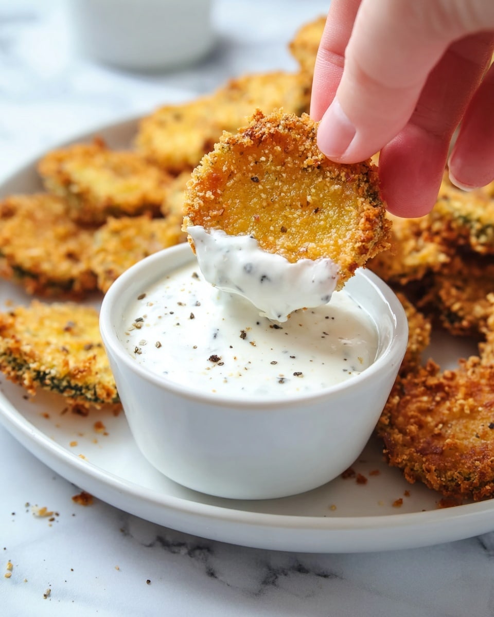 A close-up shows a woman's hand holding a round, golden-brown crispy fried slice with a rough texture, partly dipped into thick white creamy dip with small black specks inside. The dip is in a small white bowl placed on a white plate. In the background, more fried slices with similar colors and textures are scattered on a white marbled surface. Small black pepper pieces are visible on the surface around the plate. photo taken with an iphone --ar 4:5 --v 7