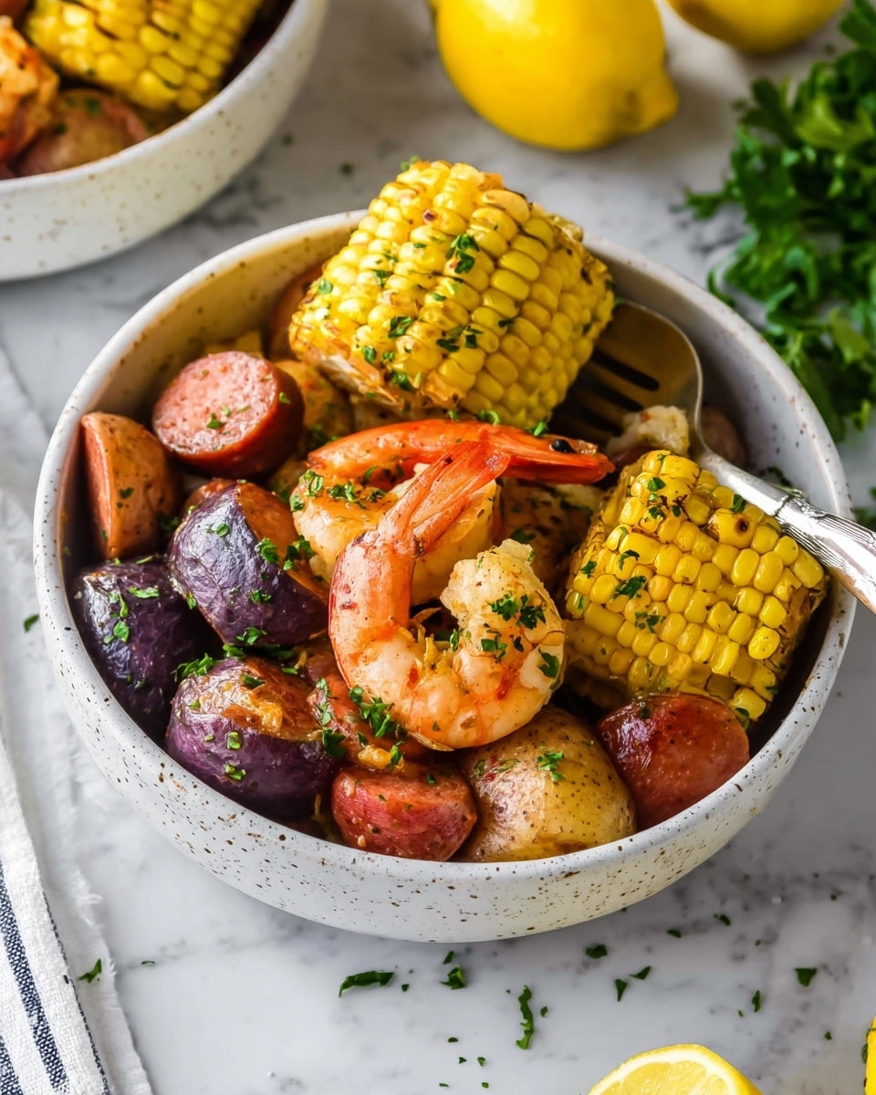 A white speckled bowl holds a mix of food layers starting with small red and purple potatoes and slices of reddish sausage at the bottom. On top of these, there are bright yellow corn cobs that show charred marks and a curved pink shrimp garnished with small green herb pieces resting on the corn. The dish is sprinkled with chopped green herbs, and the bowl sits on a white marbled surface. In the background, there are halved yellow lemons and green herbs visible, with a silver knife placed inside the bowl photo taken with an iphone --ar 4:5 --v 7