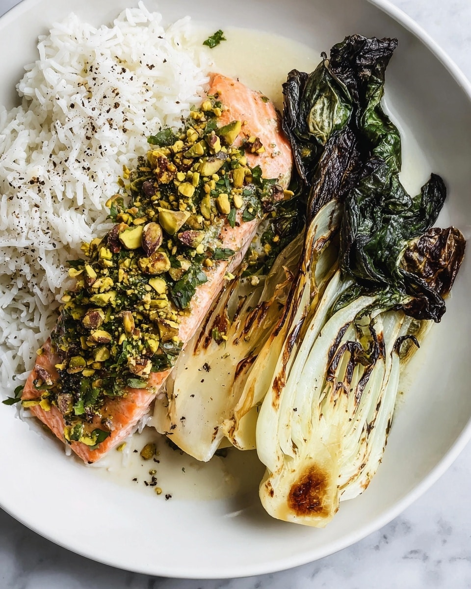 A white plate with three main layers: on the left, a cooked salmon fillet topped with chopped green pistachios creating a rough texture; next to it on the right is a portion of grilled bok choy with charred dark green and brown marks, its leaves slightly wilted but still vibrant green, and white stems with a soft texture; in the top left corner, there is a serving of white rice with separate fluffy grains, sprinkled lightly with black pepper. The dish is placed on a white marbled surface. Photo taken with an iphone --ar 4:5 --v 7