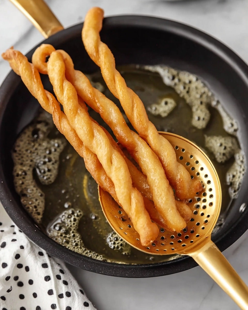 The image shows three long, thin, golden-brown fried dough sticks with a twisted shape, resting on a golden slotted spoon. The spoon is held over a black frying pan filled with hot oil where a few more dough sticks are frying. The background surface is white with a white marbled texture, and there is a white cloth with black polka dots partially visible at the bottom left corner. Photo taken with an iphone --ar 4:5 --v 7
