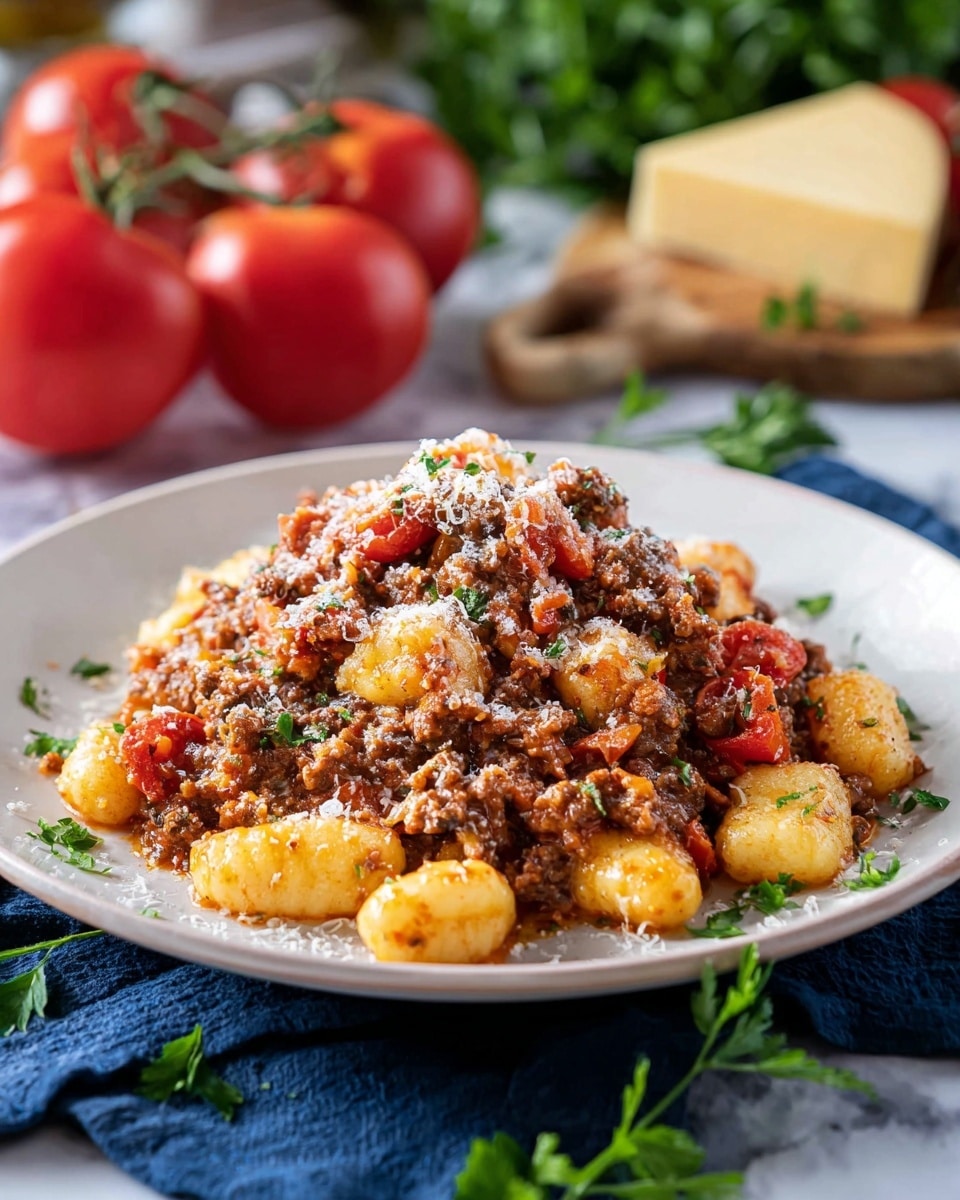 A white plate with a pile of golden gnocchi at the base, covered with a thick layer of brown cooked minced meat mixed with red tomato chunks and small bits of onion, topped with another light sprinkling of grated white cheese and small green parsley pieces. The plate sits on a dark blue cloth, with green parsley leaves around it. In the blurred background, there are bright red tomatoes on a vine and a wedge of yellow cheese on a wooden cutting board, all placed on a white marbled surface photo taken with an iphone --ar 4:5 --v 7