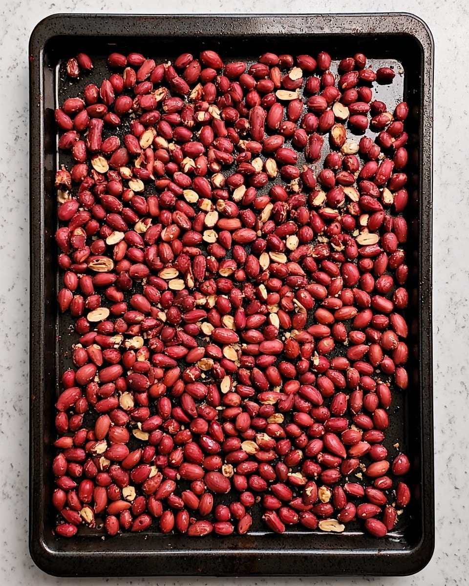 A black baking tray spread evenly with a single layer of small red peanuts that have some cracks showing off the light tan inside. The peanuts have a smooth texture and cover most of the tray, leaving a few small gaps where the tray's dark surface is visible. The tray sits on a white marbled surface, giving a clean and simple background. Photo taken with an iphone --ar 4:5 --v 7
